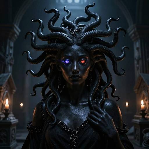 Dark Surreal Black Medusa with Flickering Shadow Eyes