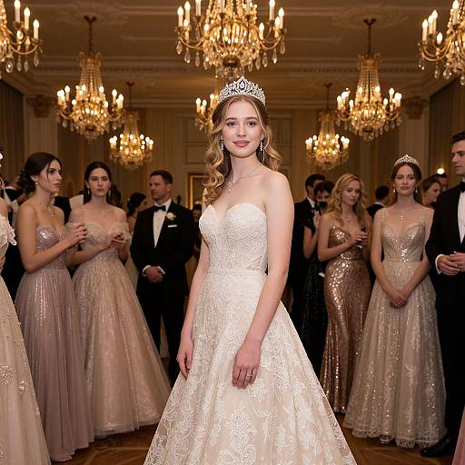 Photograph of a fair-skinned, blonde bride in a white lace strapless gown and silver tiara, standing in an elegant ballroom with ch