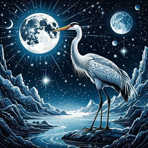 Ethereal Crane Amid Mystical Moons and Stars