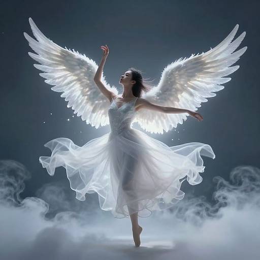 Photograph of a glowing white-winged angel in a flowing dress, arms raised, standing on misty clouds against a dark blue background.