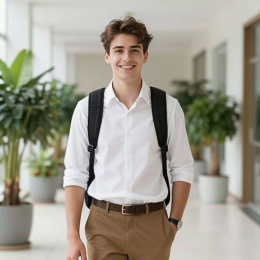 Photograph of a young man with curly brown hair, wearing a white shirt, brown pants, black suspenders, and a watch, smiling in a