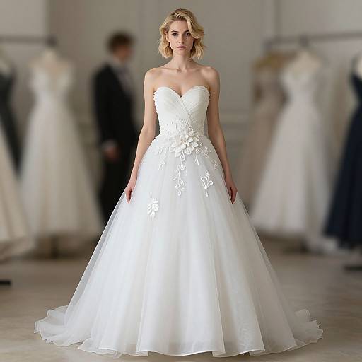 Photograph of a blonde woman in a strapless, white, floral-embellished wedding dress, walking down a blurred runway with other dresses in