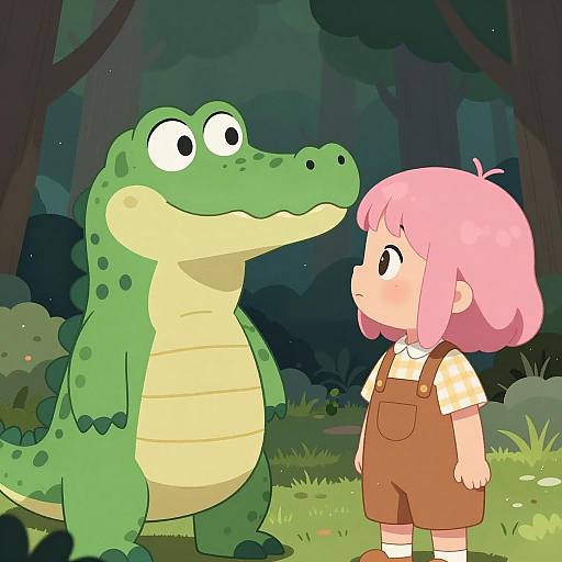 Surprised Crocodile Meets Girl in Forest