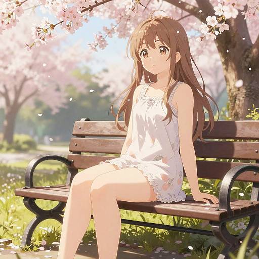 Anime-style digital illustration of a brown-haired girl in a white lace dress, sitting on a wooden bench under cherry blossoms. Sunlight filters through the