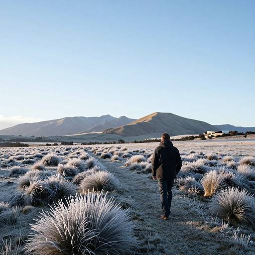Photograph of a lone man walking through a frosty desert landscape, with tufts of icy grass and distant mountains under a clear blue sky.