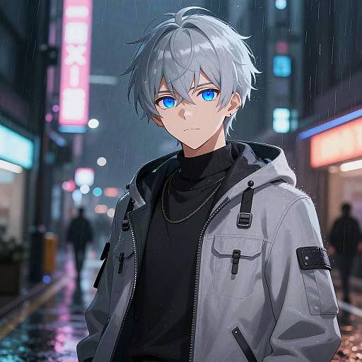 Anime Boy with Blue Eyes in Rainy Neon Street