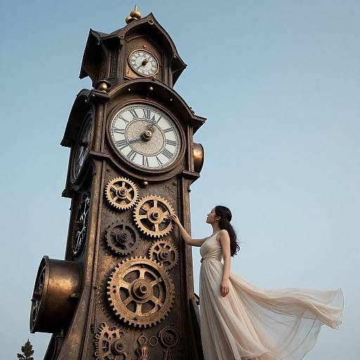 Photograph of a woman in a flowing white dress touching a tall, bronze clock tower with intricate gears against a clear blue sky.