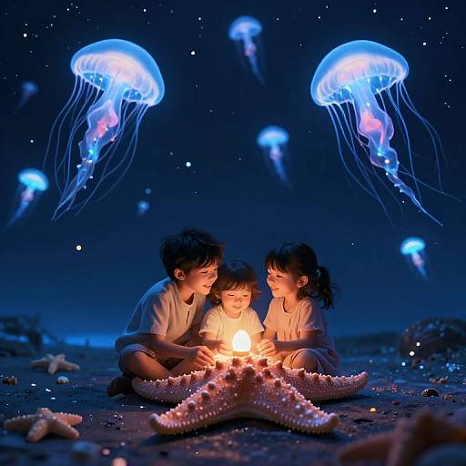 Photograph of three children sitting on a dark beach, surrounding a glowing firework, surrounded by glowing jellyfish, a starfish, and twinkling