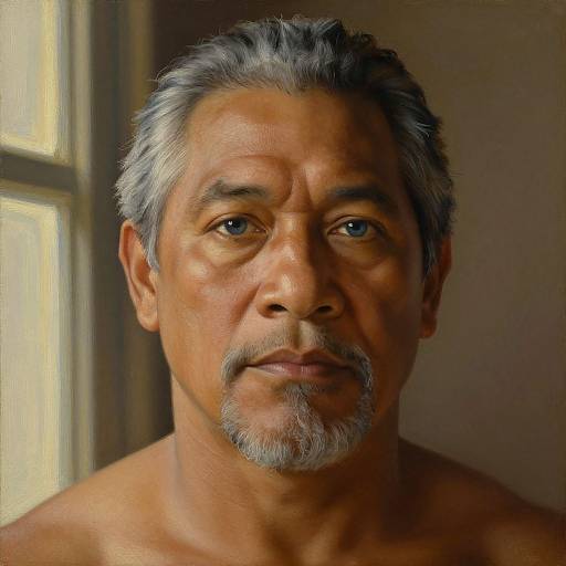 Photorealistic digital portrait of a middle-aged, shirtless Hispanic man with gray hair, goatee, and brown eyes, standing in front of a