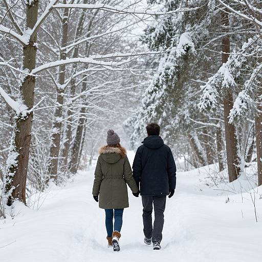Photograph of a snowy forest path, showing a couple in winter clothes, holding hands, walking away, surrounded by snow-covered trees.