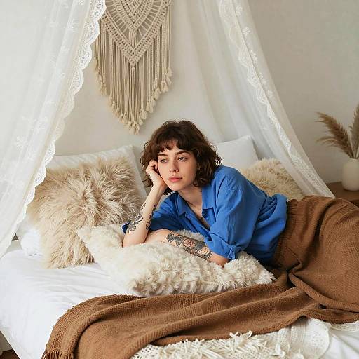 Photograph of a tattooed woman with short brown hair, wearing a blue blouse, lying on a bed with white lace canopy, brown blanket, and