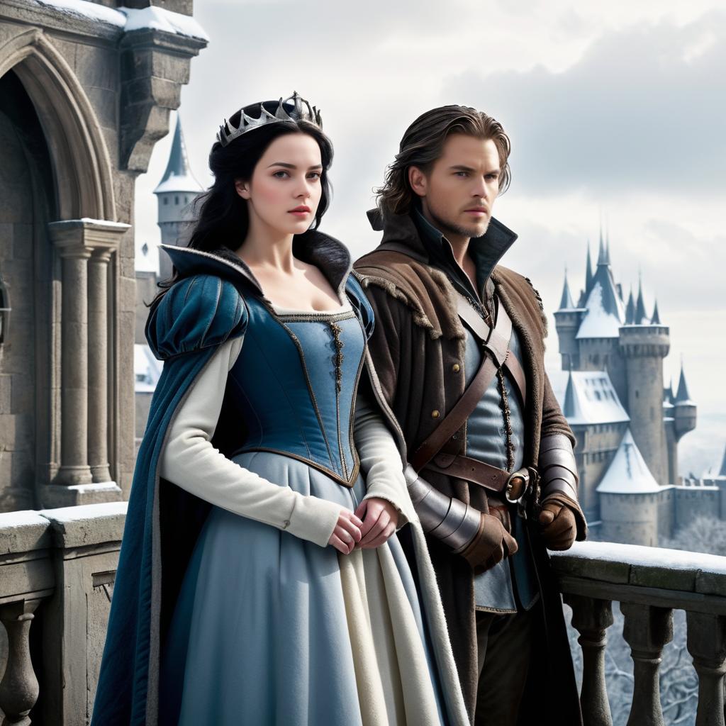 Elegant Snow White and Huntsman at Castle