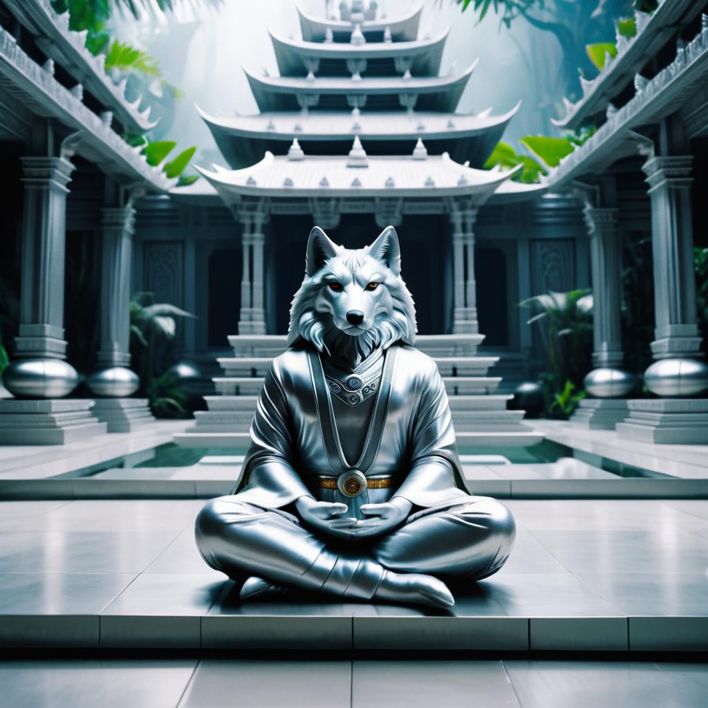 Meditating Silver Wolf in Cosmic Temple