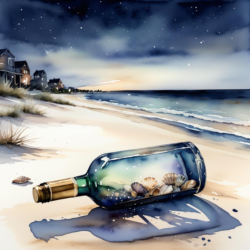 Watercolor Nighttime Beach Scene with Bottle