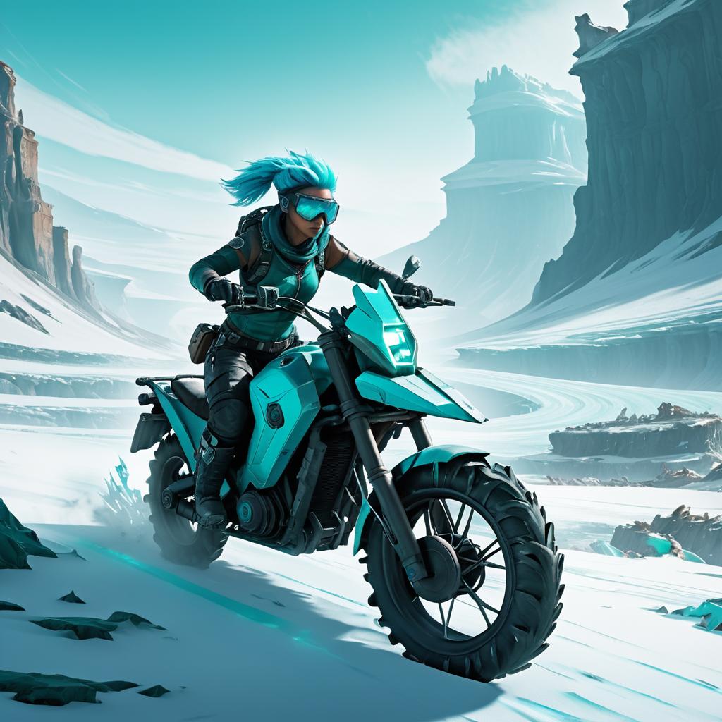 Teal-Haired Goat Rebel on a Motorcycle