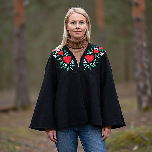 Blonde Woman in Embroidered Wool Cape