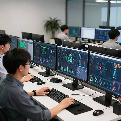 Photograph of a modern control room with multiple Asian men in white shirts and glasses, working on black computer monitors displaying colorful technical data and graphs on a