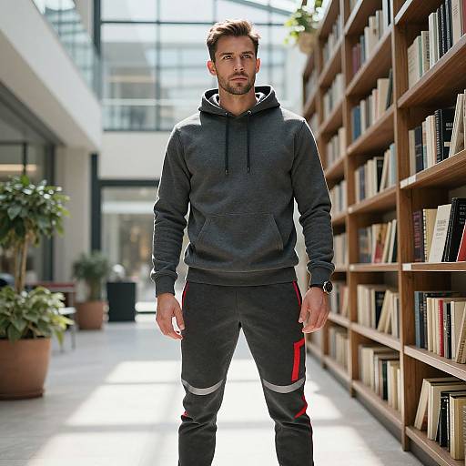 Photograph of a bearded man with short brown hair, wearing a black hoodie and black joggers with red stripes, standing in a sunlit library