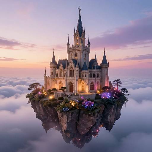 Fantasy castle with tall spires, illuminated windows, and colorful lights, floating above a cloud-covered cliff at sunset. Digital art.