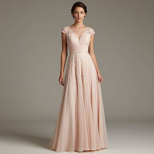 Photograph of a young woman with dark hair in an elegant, sheer-embellished, blush pink, floor-length gown, standing against a gray