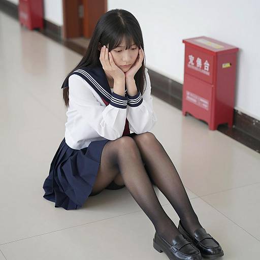 Asian Student in Sailor Uniform, Hallway Scene