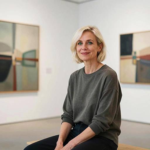 Photograph of a smiling blonde woman with short hair, wearing a gray sweater and black pants, seated in a brightly lit modern art gallery with abstract paintings