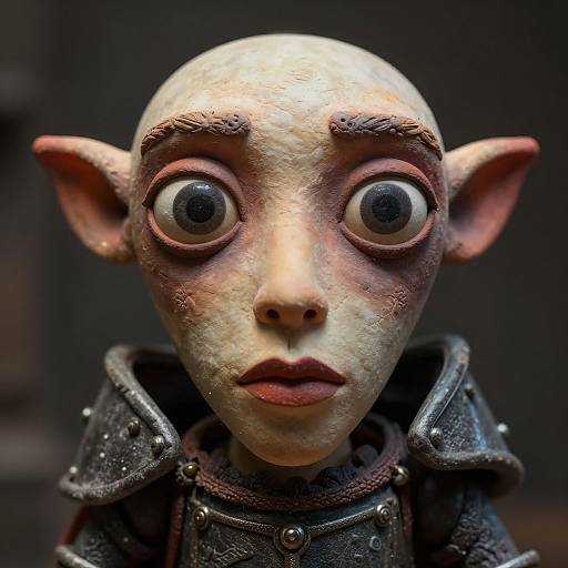 Photorealistic CGI of a bald, wide-eyed goblin with large ears, pale skin, and dark armor, staring intensely with exaggerated, expressive eyes