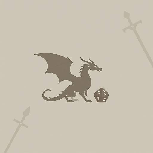 Silhouette of a brown dragon with wings and tail, standing next to a dice with six white dots, against a white background with faint crossbow sil