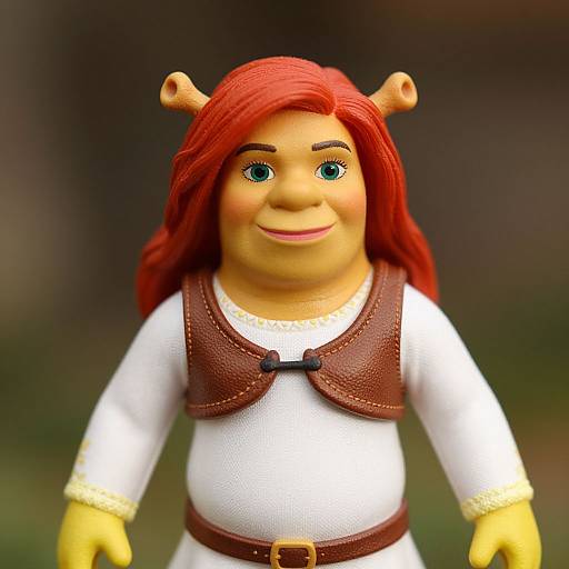 Photograph of a Lego minifigure with red hair, horn-like ears, blue eyes, white shirt, brown vest, and yellow hands, smiling