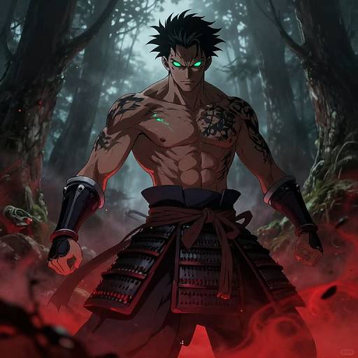 Digital anime-style artwork of a muscular, tattooed, shirtless man with glowing green eyes, black spiky hair, and black arm guards, standing
