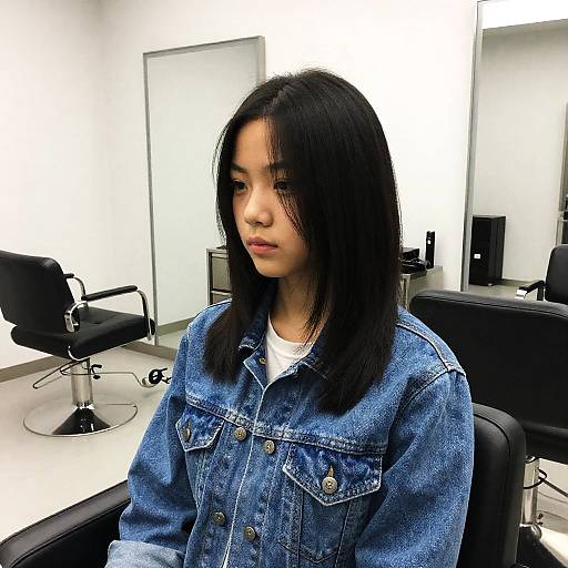 Photograph of an Asian woman with straight black hair, wearing a blue denim jacket, sitting in a modern, white-walled hair salon.