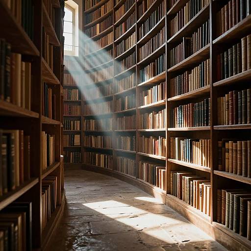 Photograph of a sunlit, curved library with tall wooden bookshelves filled with books, rays of sunlight streaming through a window.