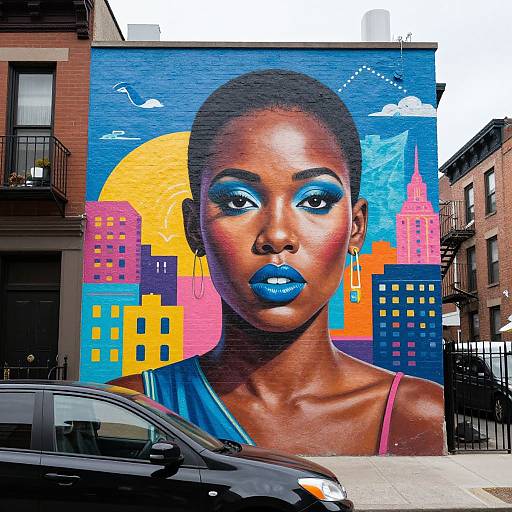 Vibrant street mural of a Black woman with blue lipstick, eyeshadow, and short hair, set against a colorful cityscape with sun and