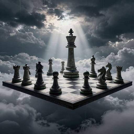 Photograph-style digital art: Floating chessboard with black and white pieces, illuminated by sunlight through dramatic, cloud-filled sky. King piece in center.