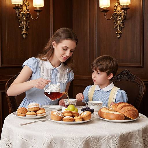 Photograph of a young woman pouring tea for a young boy at a table with pastries, fruit, and croissants, in a warmly lit
