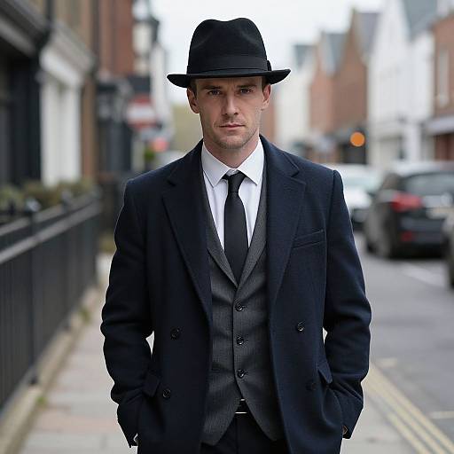 Photograph of a handsome, fair-skinned man in a black suit, gray vest, black tie, and black fedora, standing on a blurred