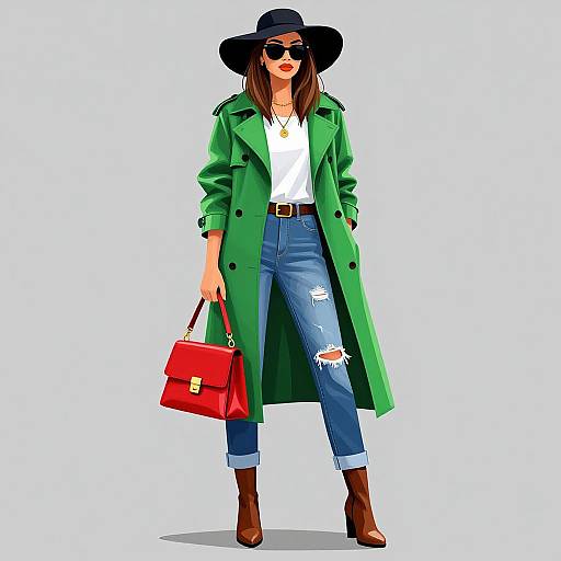 Digital illustration of a stylish woman in a green coat, black hat, sunglasses, ripped blue jeans, brown boots, and red handbag.