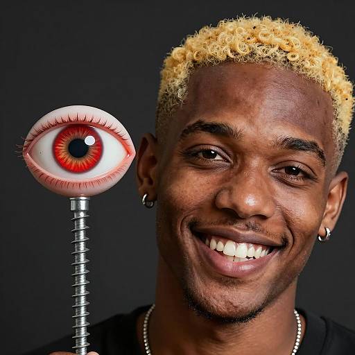 Smiling man with yellow-blonde hair and surreal eye sculpture