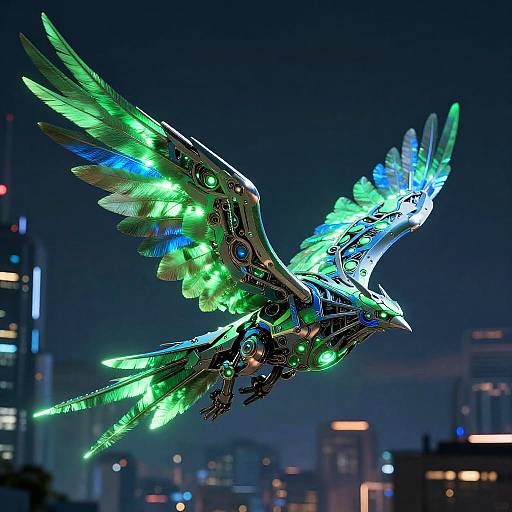 Digital artwork of a glowing, neon-green and blue mechanical bird with intricate circuits and lights, soaring over a nighttime cityscape.