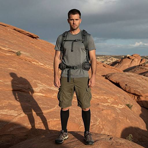 Photograph of a muscular man with short dark hair, wearing a gray t-shirt, olive cargo shorts, black knee socks, and hiking boots, standing