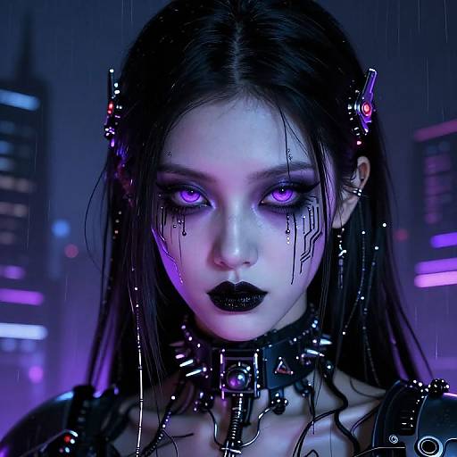 Cyberpunk digital portrait of a pale woman with glowing purple eyes, black lipstick, and wet black hair, wearing metallic headgear and a choker