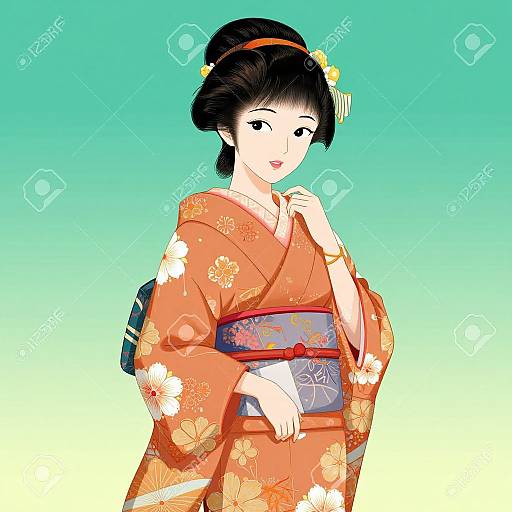 Digital illustration of an East Asian woman in an orange floral kimono with a blue obi, black hair in an updo, and a gold hair