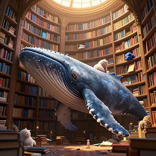 CGI image of a massive, starry blue whale floating in a sunlit, circular library with towering bookshelves and stuffed animals on the floor