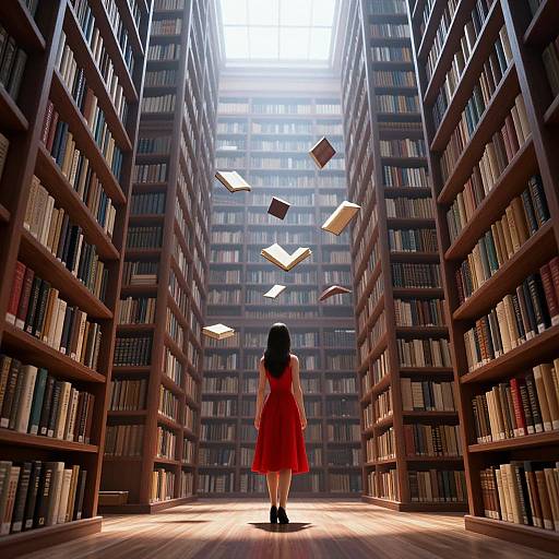 Photograph-style digital art: A woman in a red dress stands in a vast library with bookshelves on both sides, books floating upward towards a