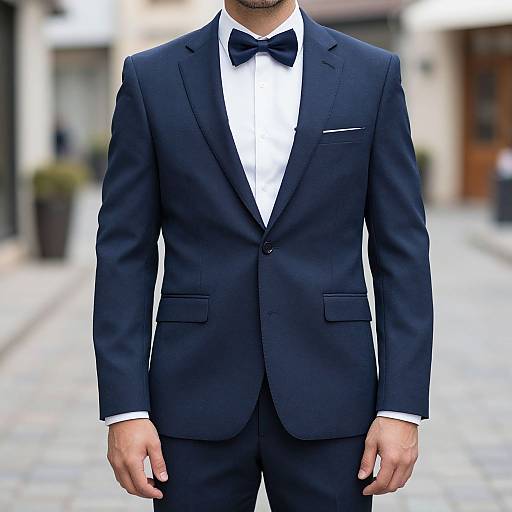 Photograph of a well-dressed man in a black suit with a white shirt and black bow tie, standing on a cobblestone street.