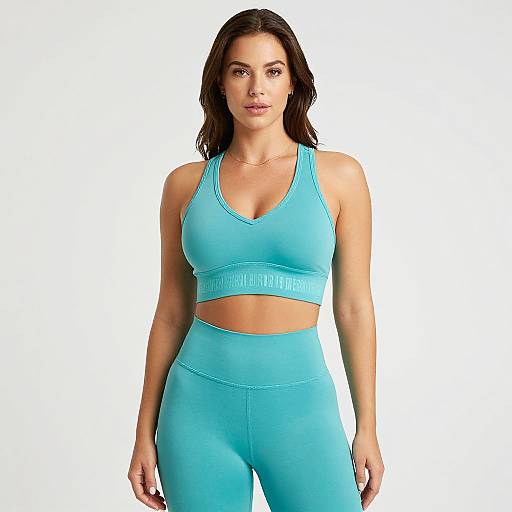 Photograph of a fit woman with light brown hair, wearing a matching turquoise sports bra and high-waisted leggings, standing against a white background.