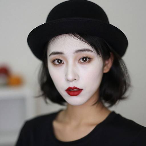 Photograph of an Asian woman with white face paint, black hat, and red lipstick, wearing a black top, with a blurred background.