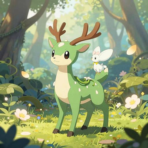 Whimsical digital illustration of a green, cartoon deer with brown antlers, standing in a sunlit, enchanted forest, with a white fairy per