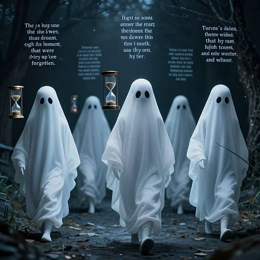 Photograph of six white ghost-like figures with black eyes, floating in a dark forest, holding lanterns, with eerie text overlays.