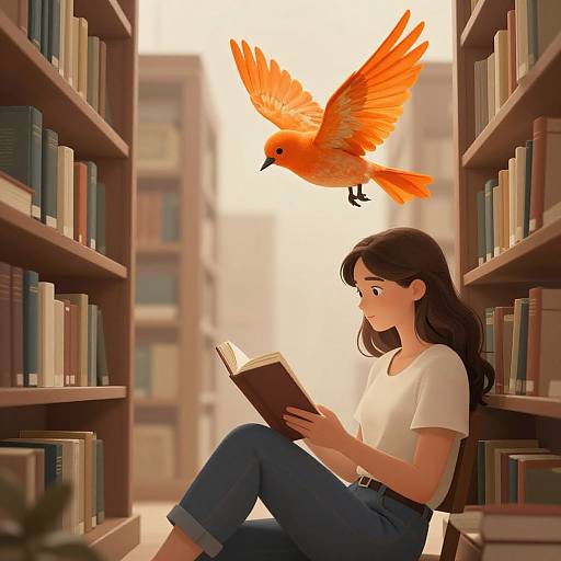Digital illustration of a young woman with long brown hair, reading a book in a library aisle, with an orange bird flying above her. Shelves filled